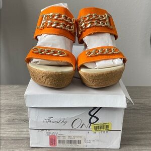 Onex Adrianna Orange Fabric Wedge Sandals Chain Detail Size 8 Made in USA W/Box